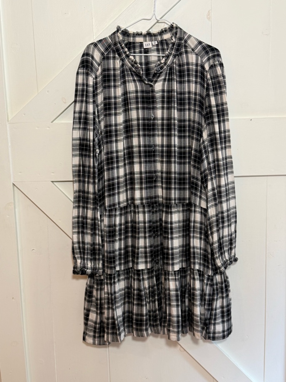 GAP XL Plaid Tiered Mini Dress Long Sleeve Button Front Pockets Fall